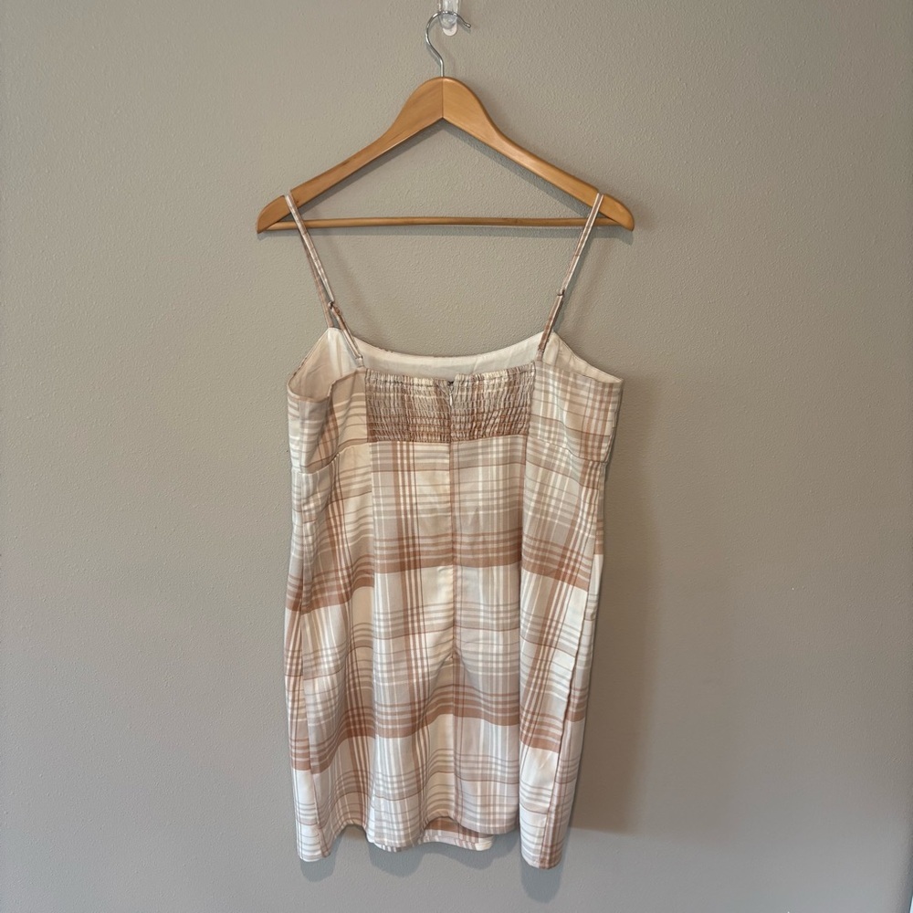 AEROPOSTALE Spaghetti Strap Plaid‎ Mini Dress w/ Slit @ Hem Brown/Cream Sz L - Picture 13 of 14